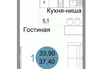 Апартаменты, 37,4 м², 1/4 эт.